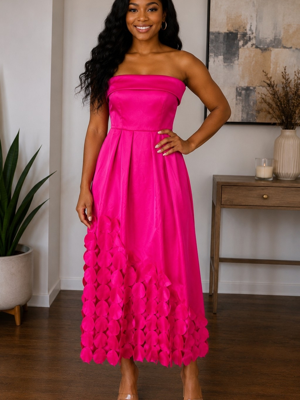 Strapless Satin Midi Dress | Size M (Fits S–M) | 3D Petal Hem | NWOT